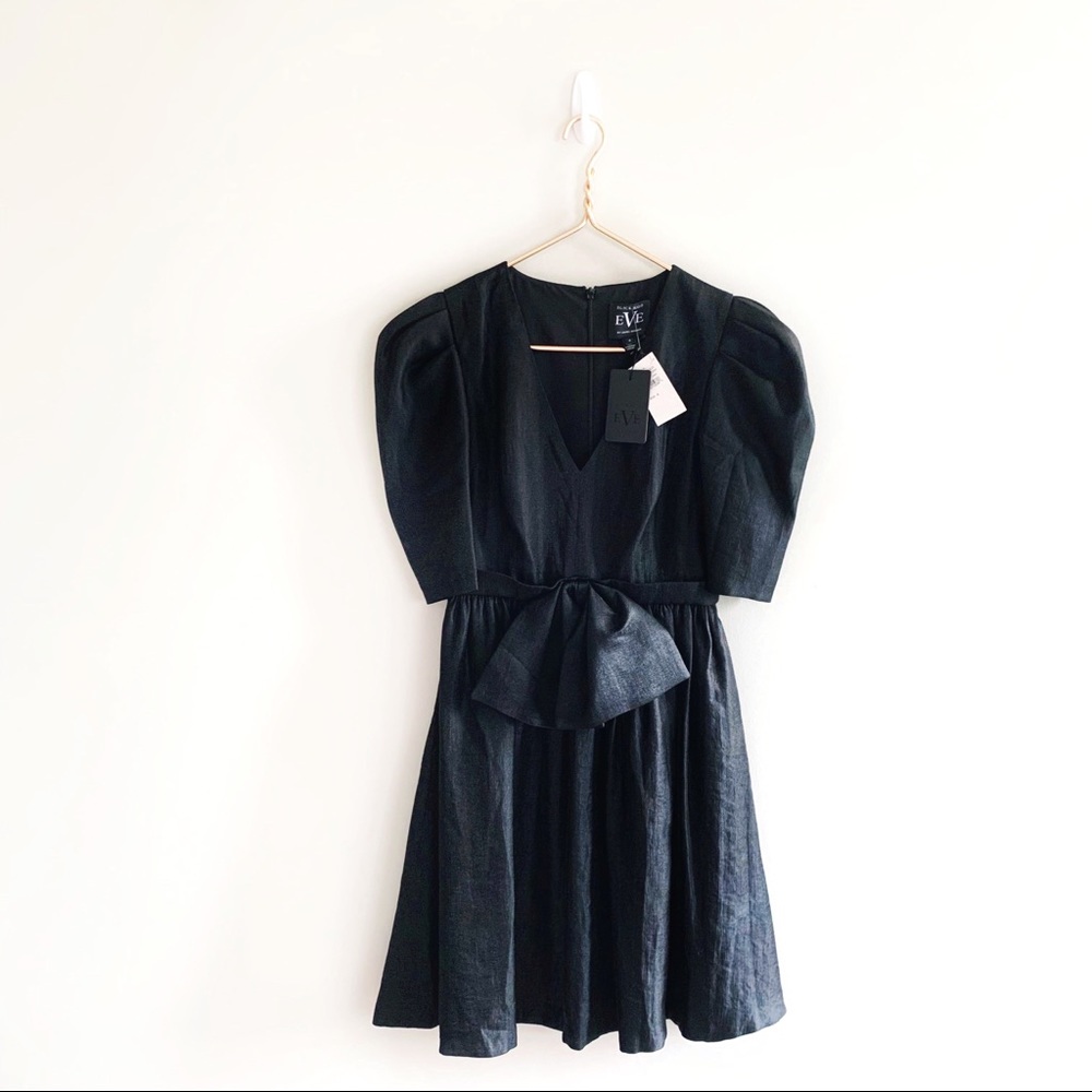 Black Halo Eve Black Puff Sleeve Cocktail Dress Bow Detail 80s Vintage Inspired - Picture 3 of 14